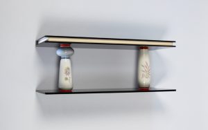 Timeless small sculptural wall-shelve made of "vintage" vases combined with "high-end" acrylic glass components. Shelves: Plexiglas.